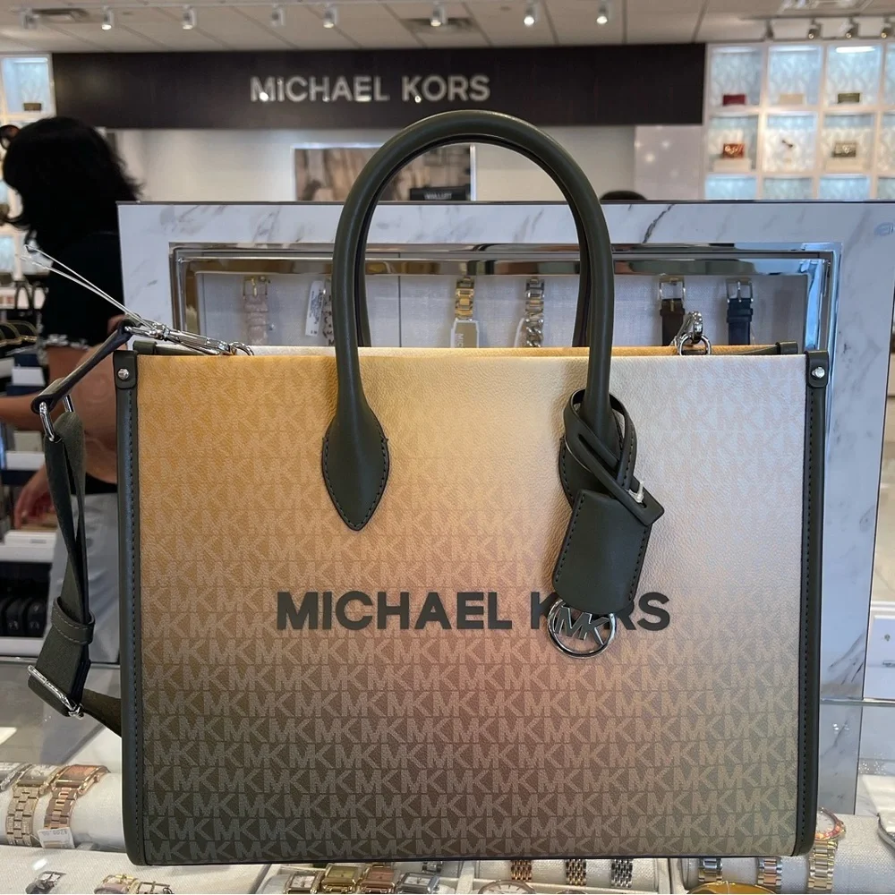 MICHAEL KORS Mirella Medium Ombré Signature Logo Tote Bag Olive Combo  NWT